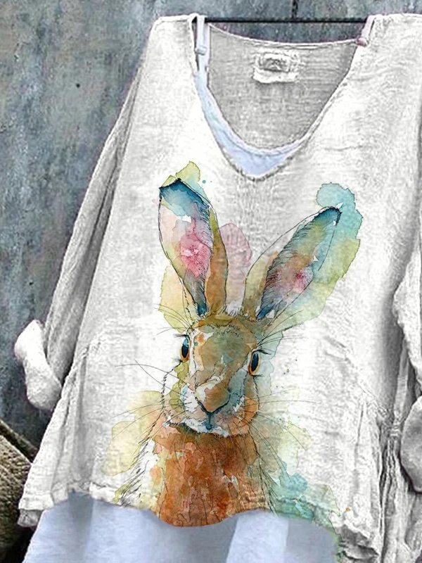 Women's Long Sleeve Blouse Spring/Fall White Easter (rabbit) Printing V Neck Daily Going Out Casual Top