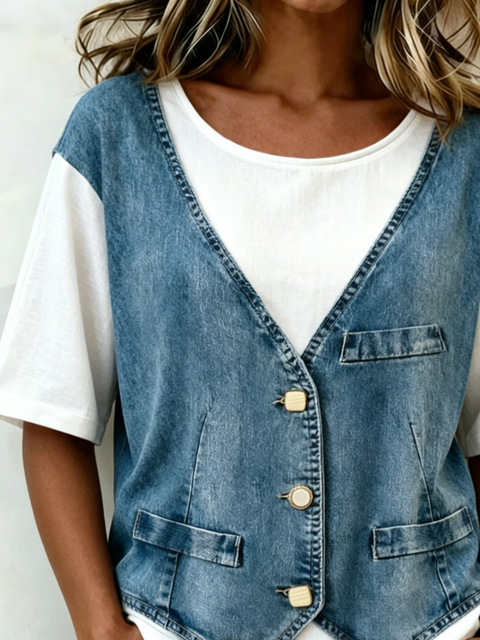 Loose Vintage Faux Denim Print Graphic Cotton-Blend T-Shirt