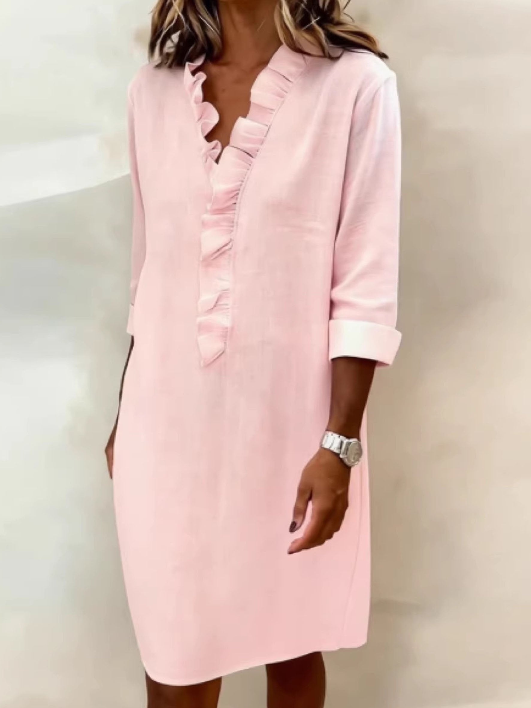 Casual Plain Cotton Blend Half Sleeve Ruffle Detail V Neck Going Out Elegant Shirt Dress