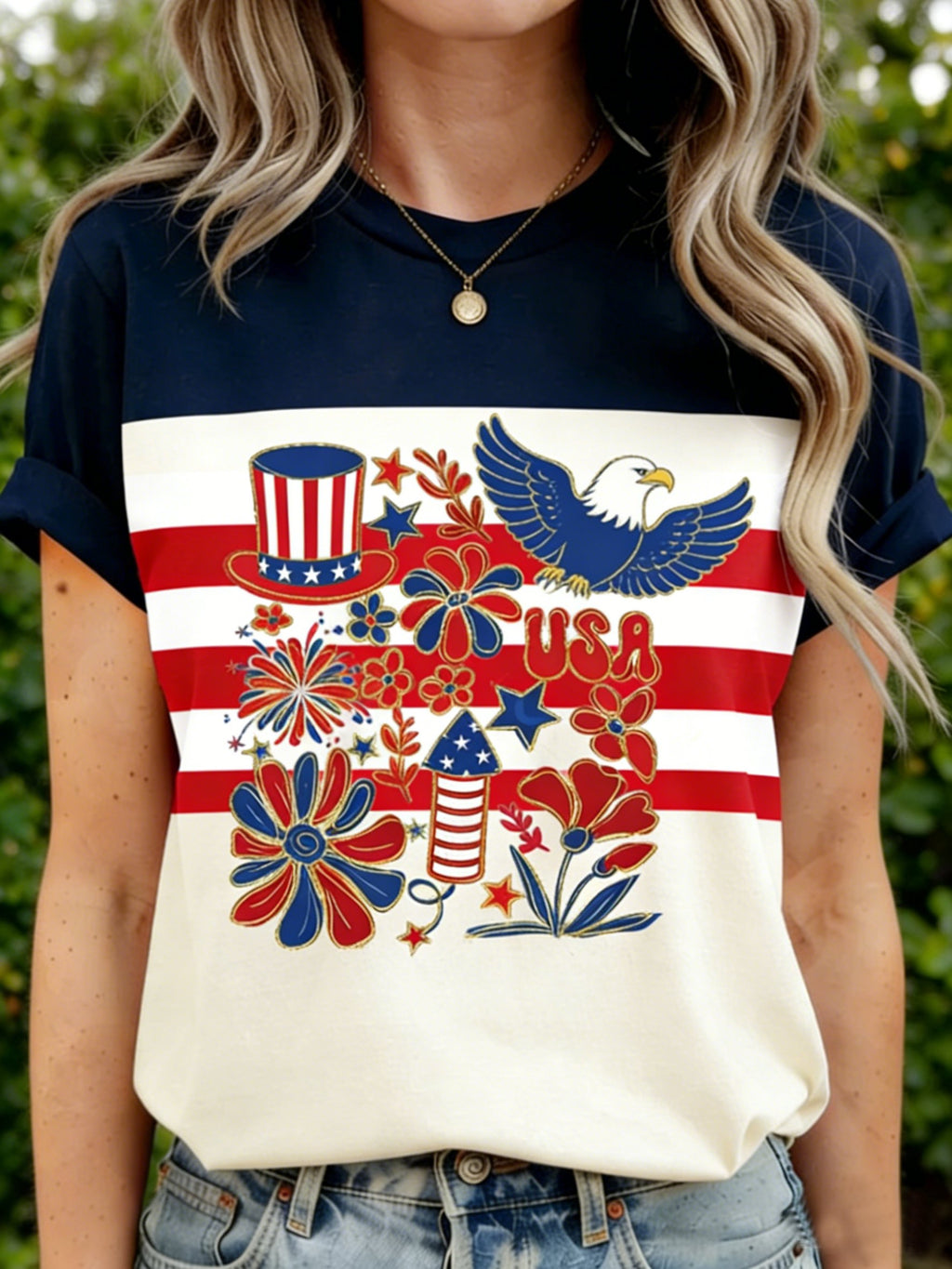 Color Block 3D Printing America Flag 250th Anniversary Eagle Old Glory Crew Neck Short Sleeve Casual T-Shirt