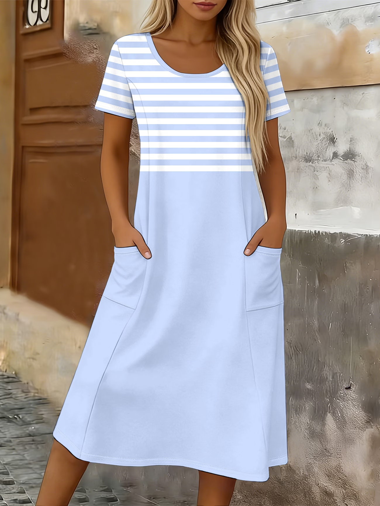 Women's Short Sleeve Summer Blue Striped Printing Crew Neck Daily Going Out Casual Maxi H-Line T-Shirt Dress Dress
