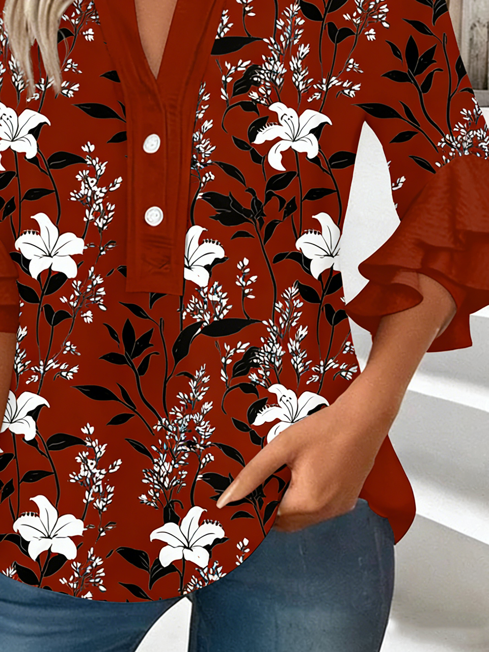 Vintage Loose Botanical Pattern V Neck Shirt