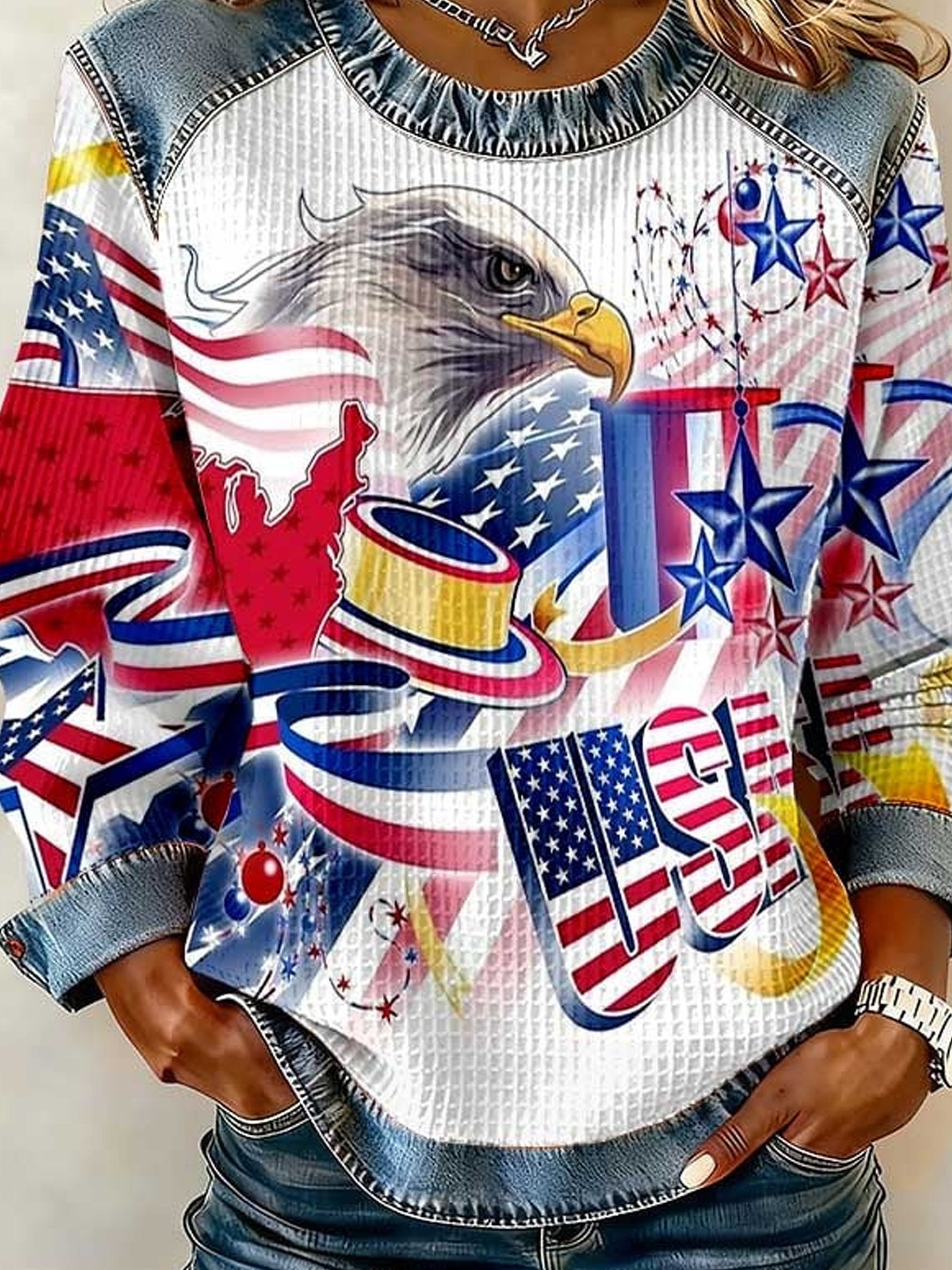 Street Denim Color Block Letter Pattern Round Neck Long Sleeve Independence Day Going Out Casual Sweatshirt