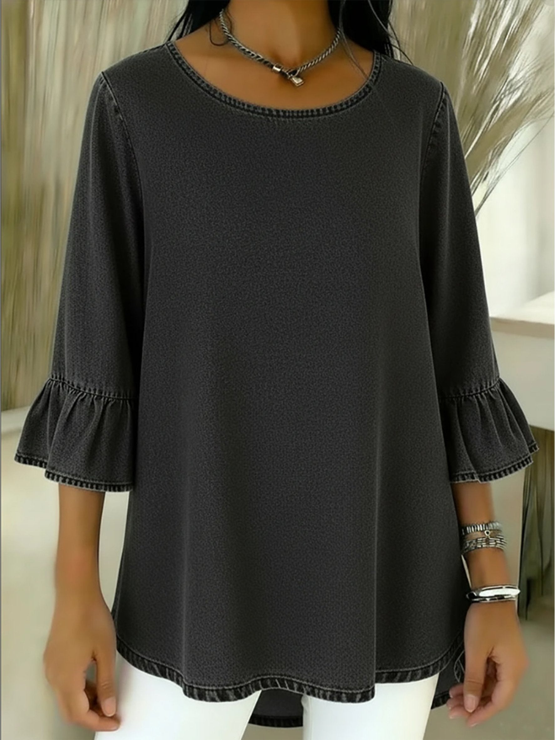 Denim Look/Denim Effect The Quarter Neck Crew Neck Ruffle Cuff Spring Summer Casual Top