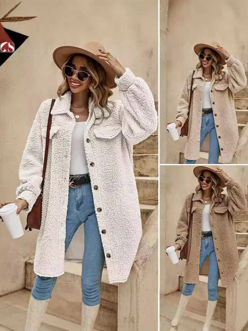 Fluff/Granular Fleece Fabric Plain Shawl Collar Elegant Coat