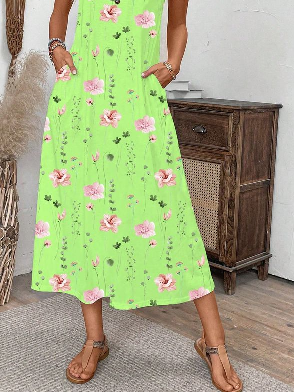 Loose Buckle Botanical Pattern Casual Dress With No