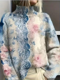 Women's Floral Print Casual Turtleneck Long Sleeve Sweater