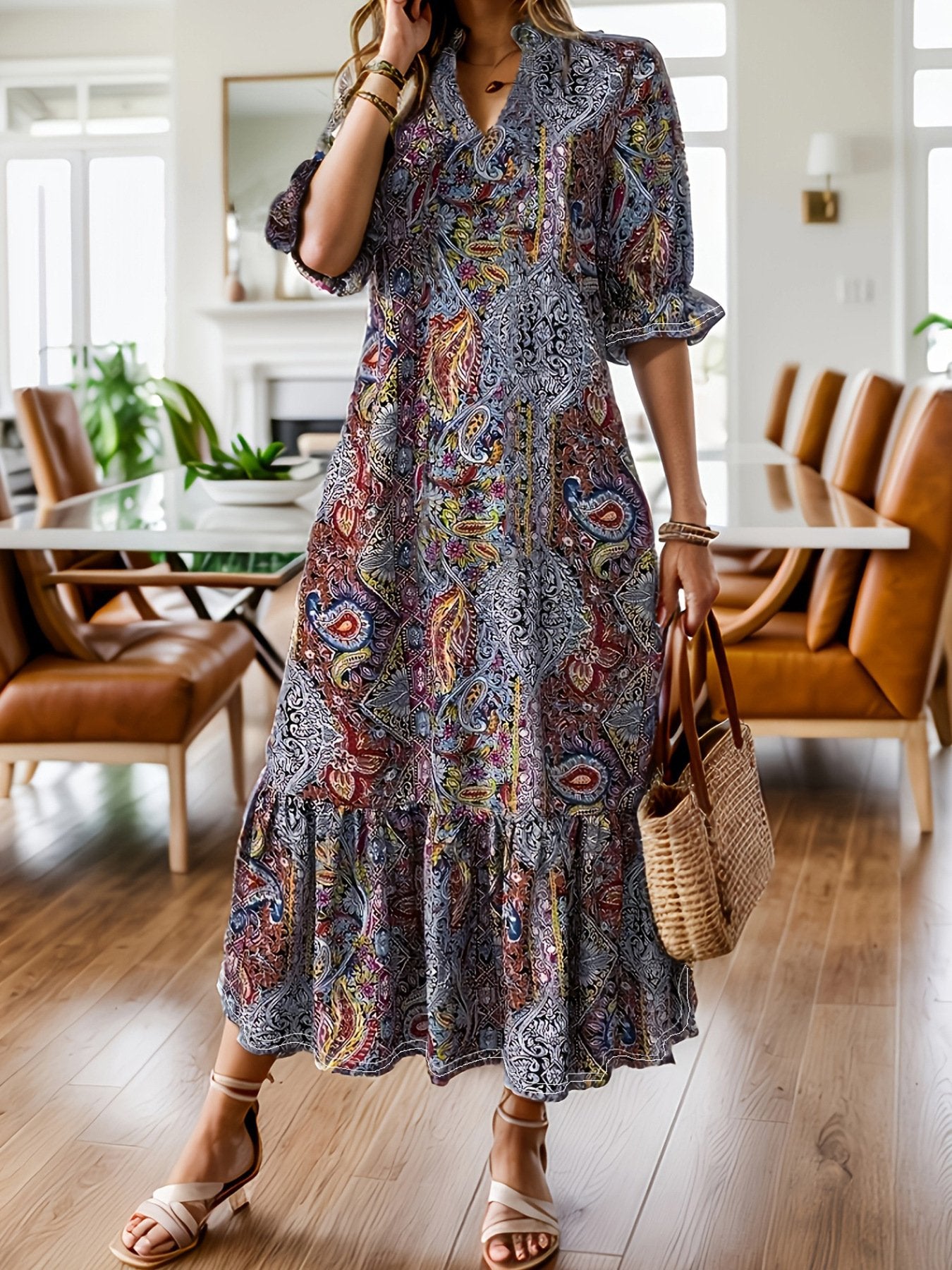 Ruffle Sleeve Elegant V Neck Geometric Polyester Cotton Dress With No