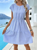 Plaid Round Nck Short Sleeve Slim Waist Summer Casual Dress
