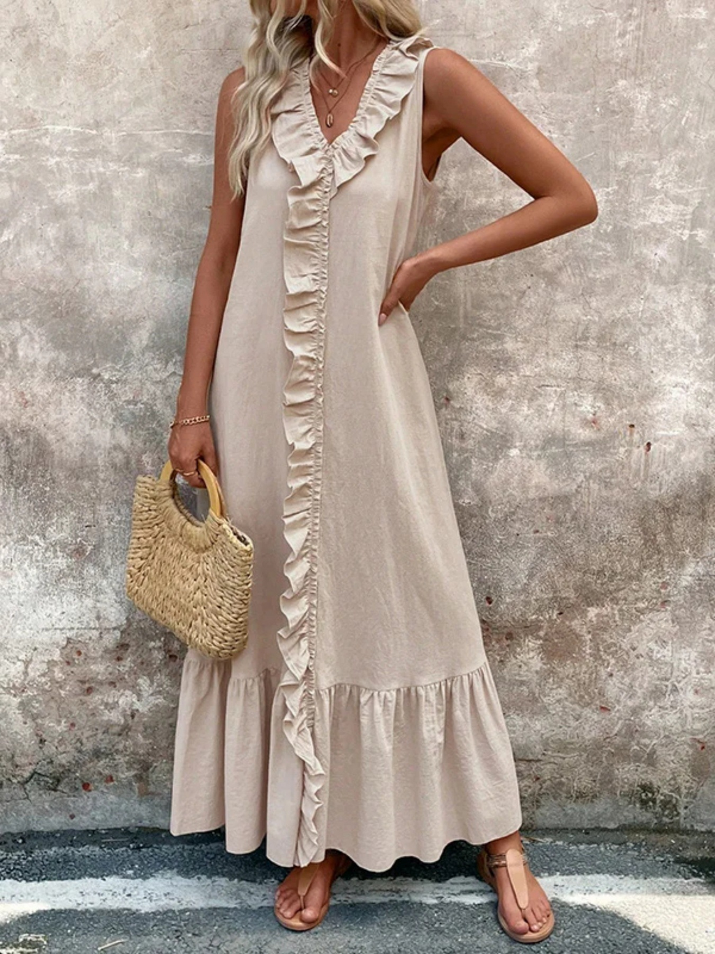 Plain Sleeveless V Neck Ruffle A-Line Summer Going Out Casual Dress