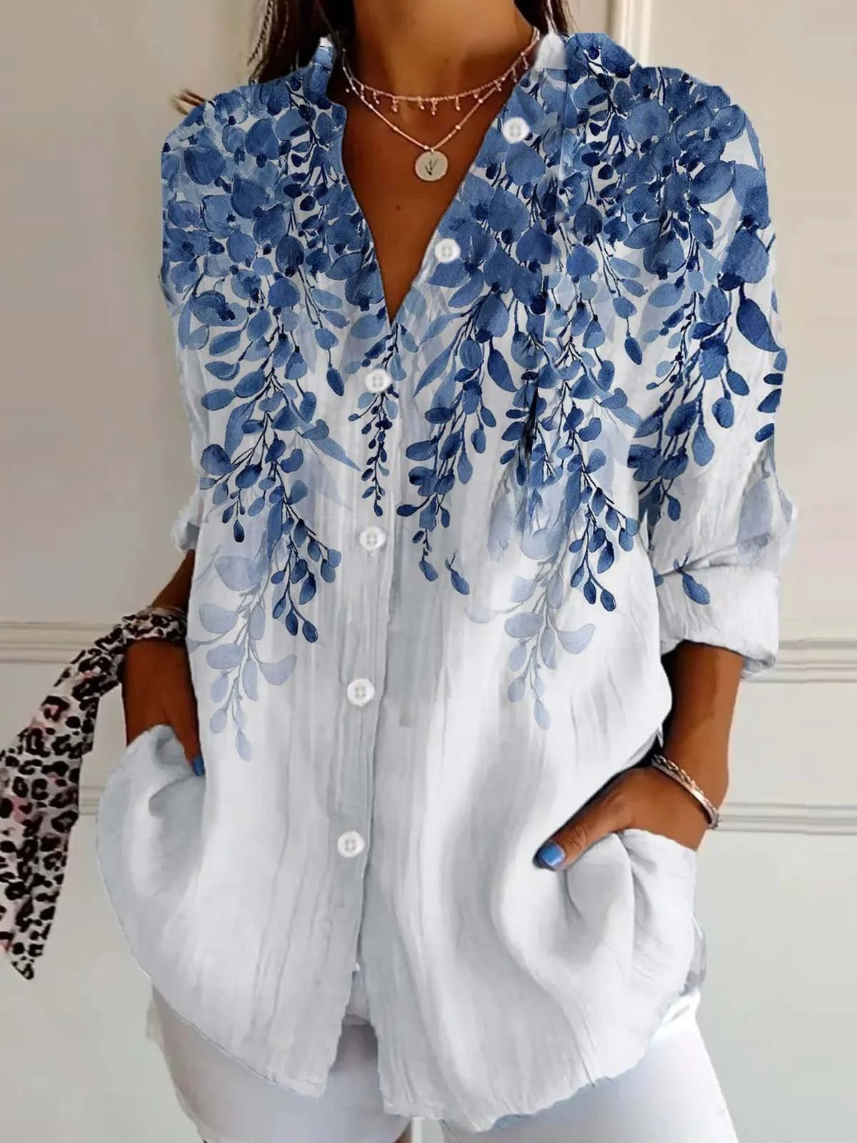 Women’s Blue Wisteria Floral Print Button Down Long Sleeve Shirt Dress Casual Top