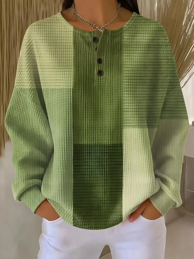 Women's Abstract Print Button-Up Casual Waffle Knit Sweatshirt