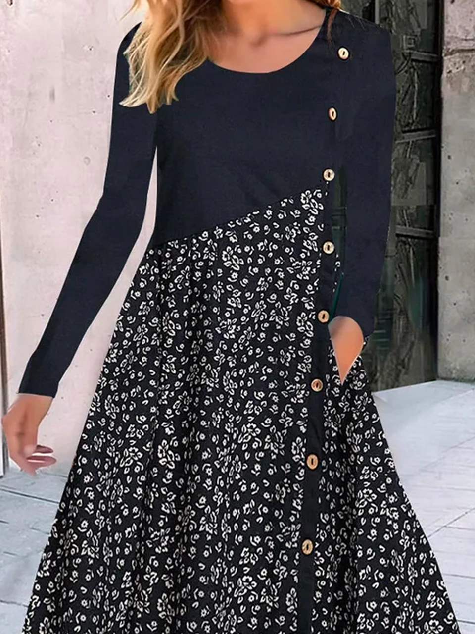 Buttoned Loose Floral Daily Casual Jersey Crew Neck A-Line Long Sleeve T-Shirt Dress