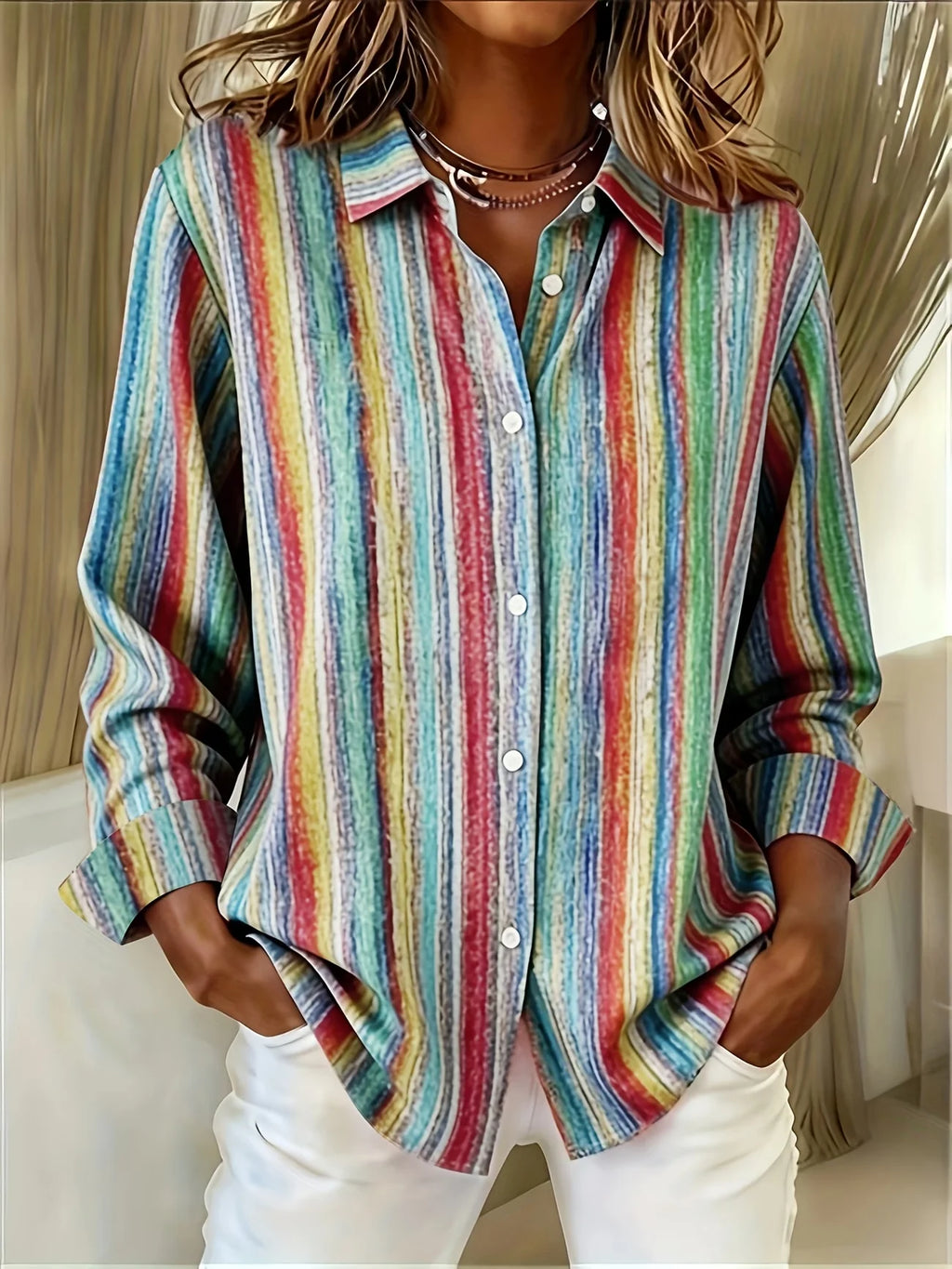 Women's Long Sleeve Shirt Spring/Fall As Picture Abstract Stripes Buckle Shirt Collar Daily Going Out Casual Top