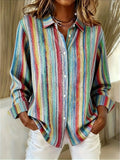 Women's Long Sleeve Shirt Spring/Fall As Picture Abstract Stripes Buckle Shirt Collar Daily Going Out Casual Top