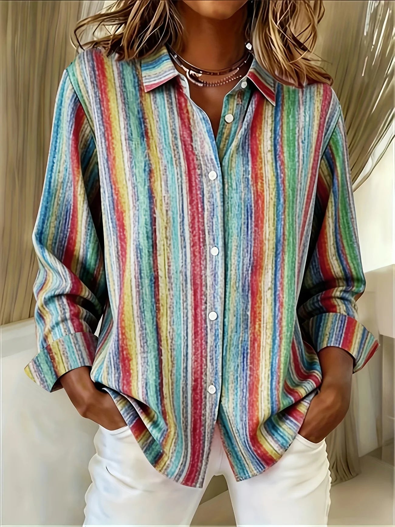 Women's Long Sleeve Shirt Spring/Fall As Picture Abstract Stripes Buckle Shirt Collar Daily Going Out Casual Top