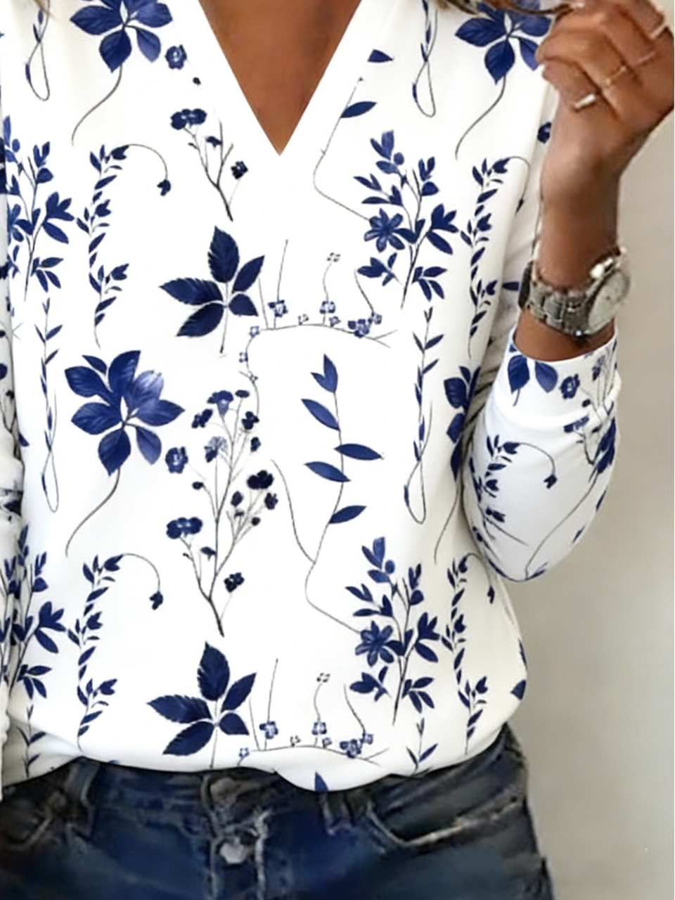 Casual V Neck Botanical Pattern T-Shirt