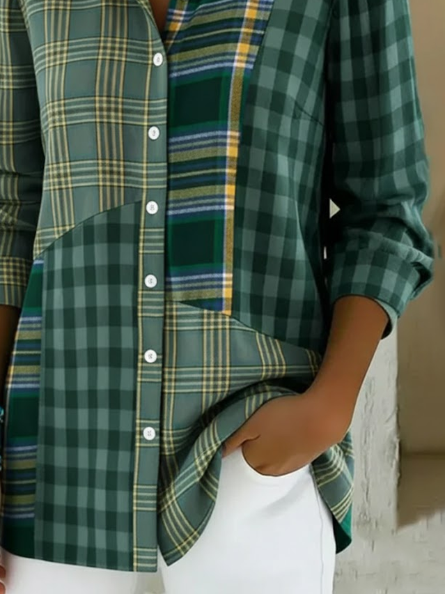 Women's Long Sleeve Shirt Spring/Fall Green Plaid Buckle Shirt Collar Regular Sleeve Daily Going Out Casual Top