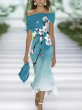 Women's Cap Sleeve Summer Cyan Floral Printing Cold Shoulder Daily Going Out Vintage Maxi H-Line Dress