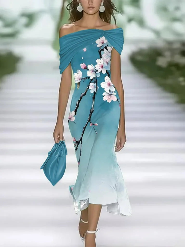 Women's Cap Sleeve Summer Cyan Floral Printing Cold Shoulder Daily Going Out Vintage Maxi H-Line Dress