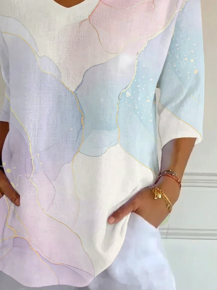 Women's Three Quarter Sleeve T-shirt Spring/Fall As Picture Abstract Printing V Neck Daily Going Out Casual Top