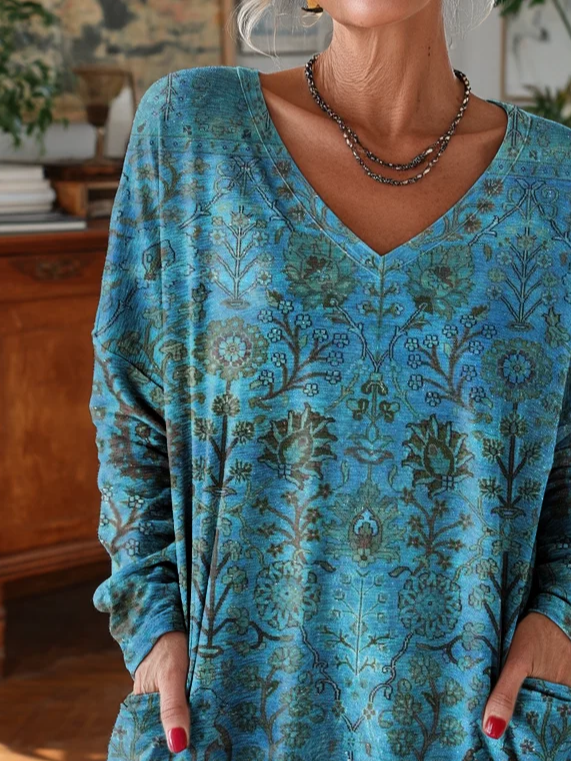Women's Long Sleeve T-shirt Spring/Fall Blue Floral Printing V Neck Daily Going Out Vintage Top