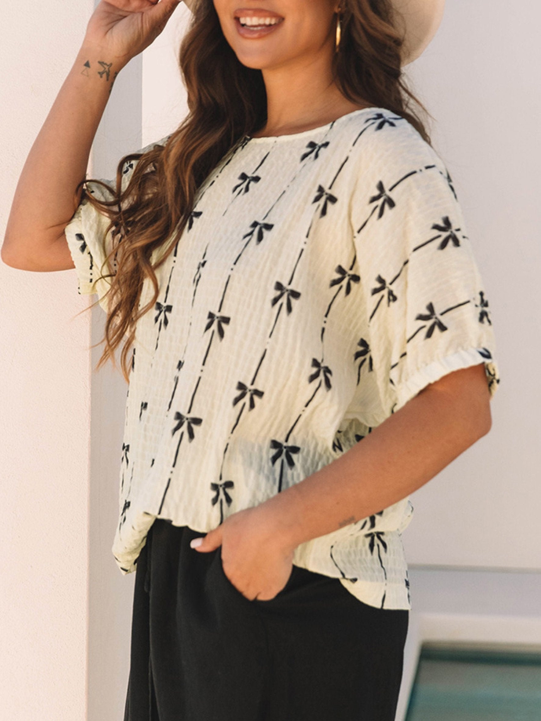 Bow Print Elegant Half Sleeve Crew Neck Top 3D Printing Casual Blouse