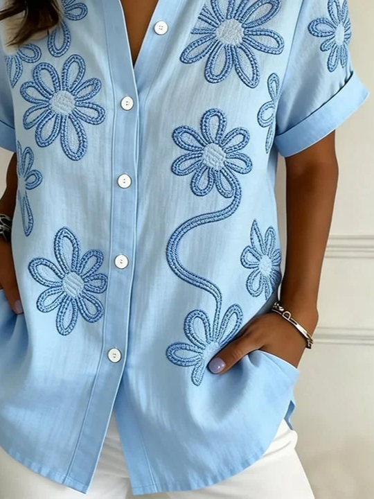 Women's Short Sleeve Shirt Summer Blue Floral Printing Shirt Collar Daily Going Out Casual Top