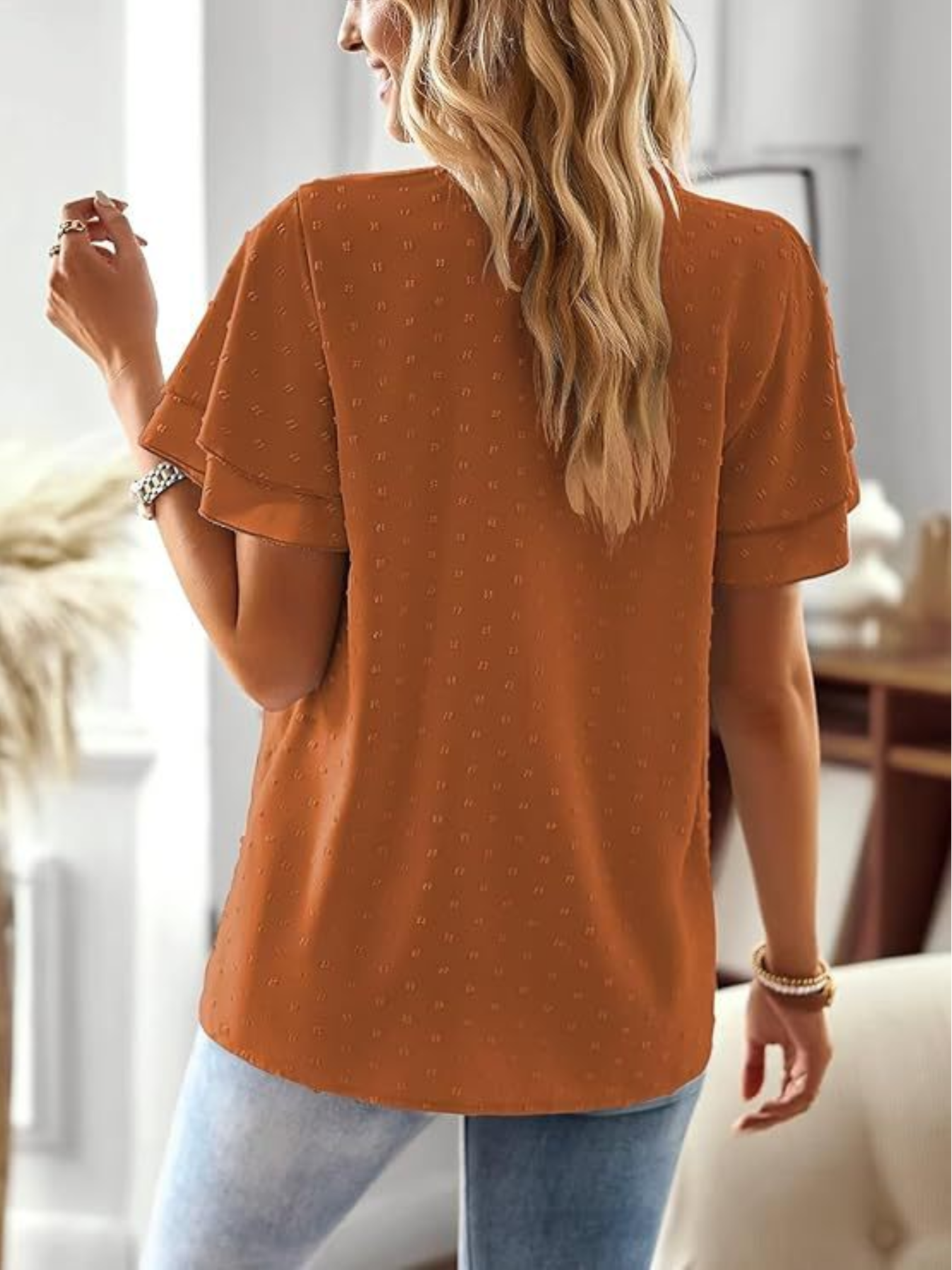 Loose V Neck Ruffle Short Sleeve Lace Elegant Blouse