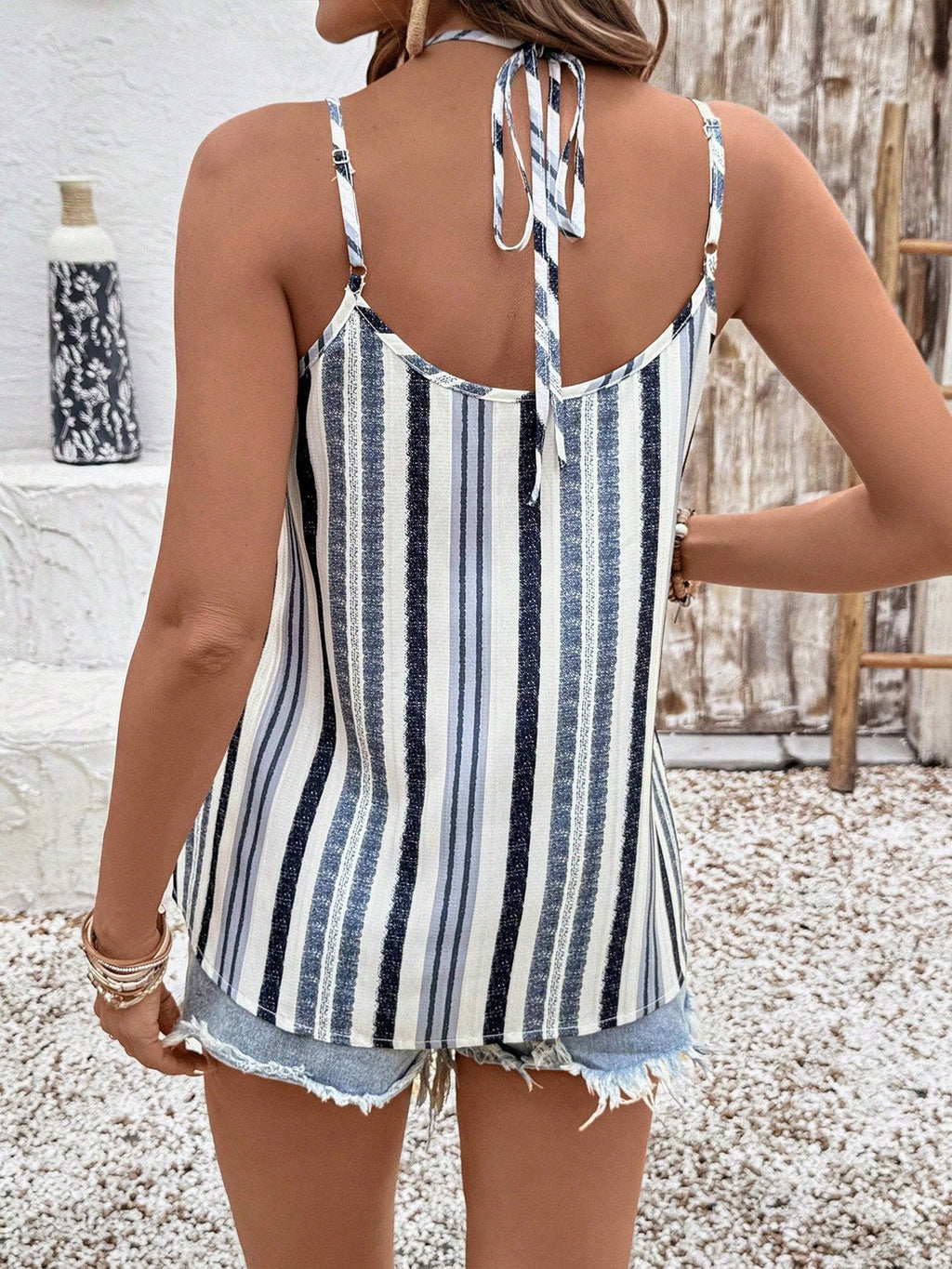 Striped Adjustable Shoulder Strap Decorative Buttons V-Neck Summer Casual Cami Top