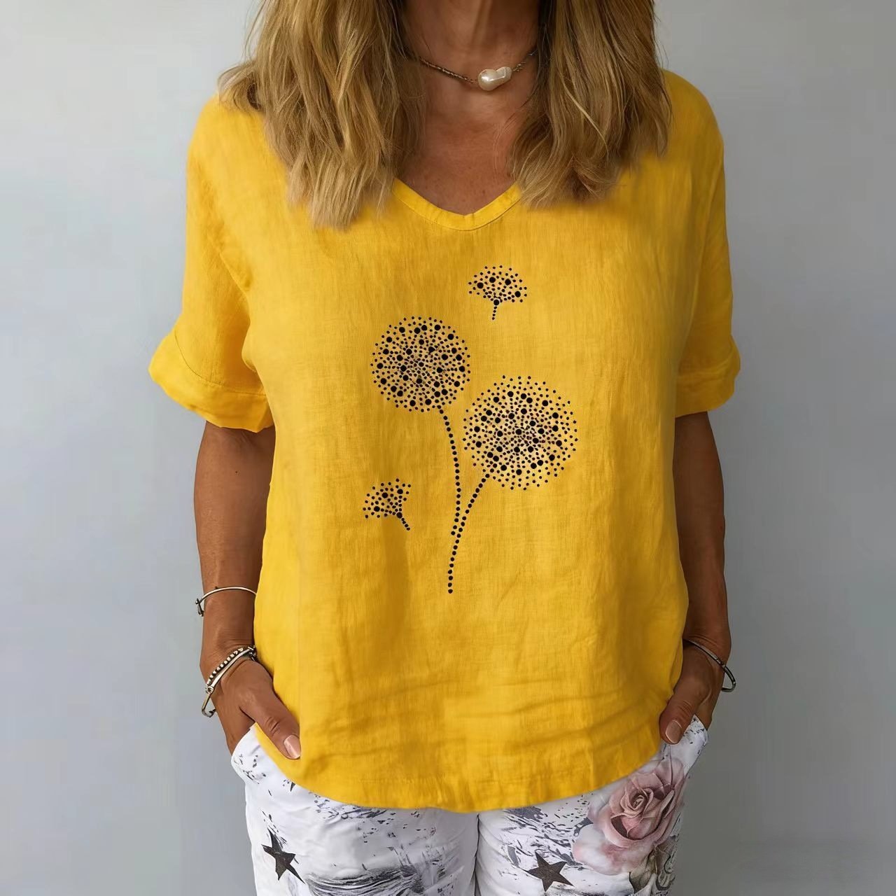 Women's V-Neck Short-Sleeve Blouse â€?Textured Linen