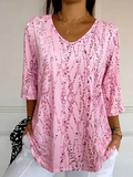 Women's Three Quarter Sleeve T-shirt Spring/Fall Pink Abstract Printing V Neck Daily Going Out Casual Top