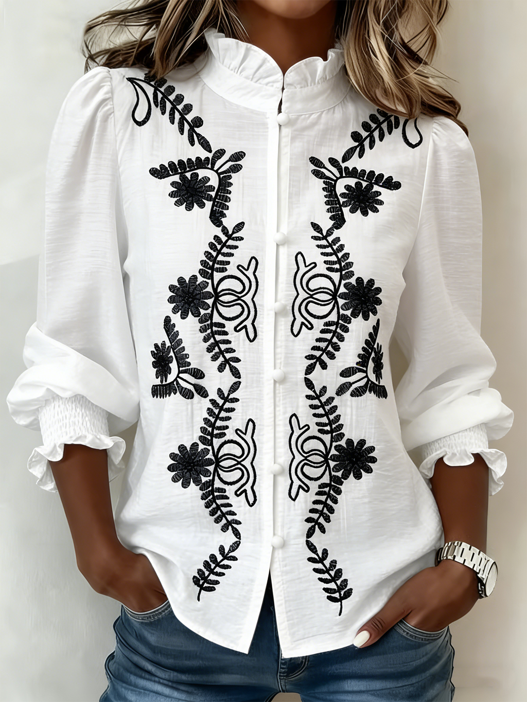 Loose Elegant Cotton-Blend Embroidery Patterns Shirt