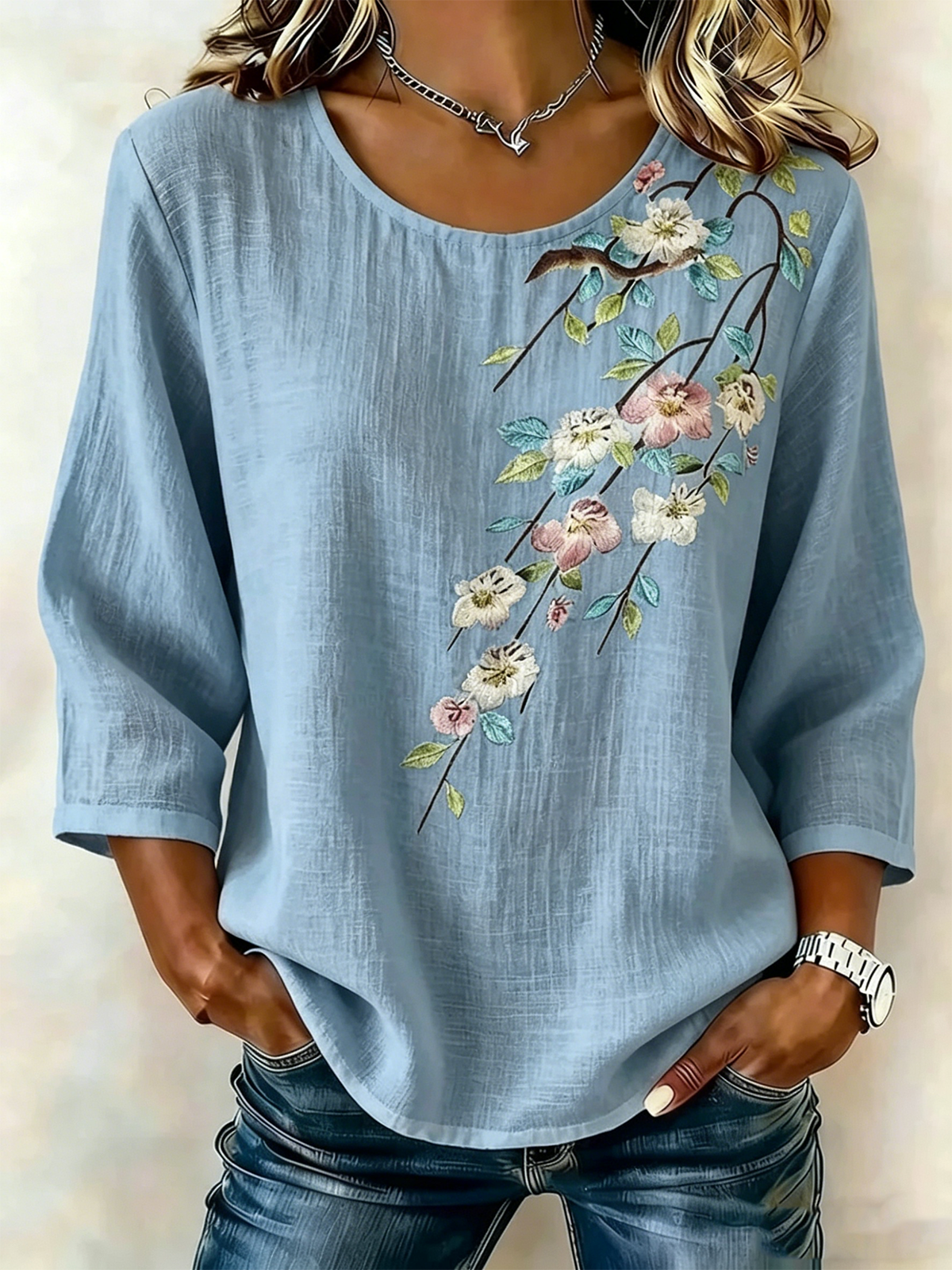 Women’s White Floral Bird Print 3/4 Sleeve Round Neck Boho Blouse