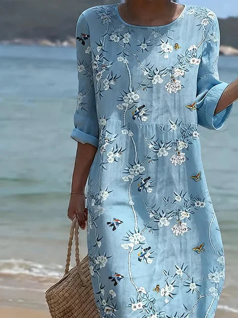 Vintage Floral Loose Linen Blend Dress With No