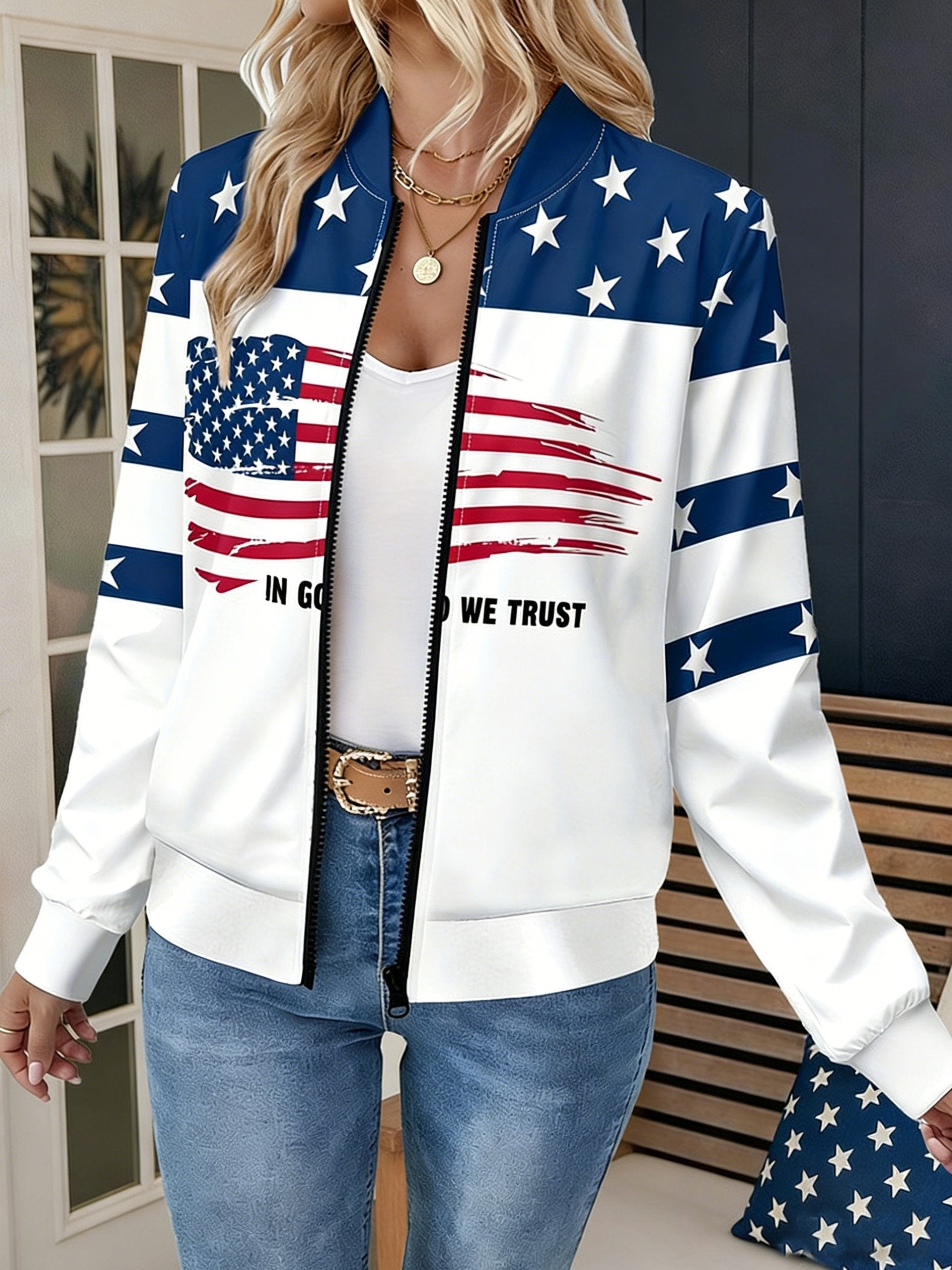 3D Printing America Flag Round Neck Zipper Casual Jacket