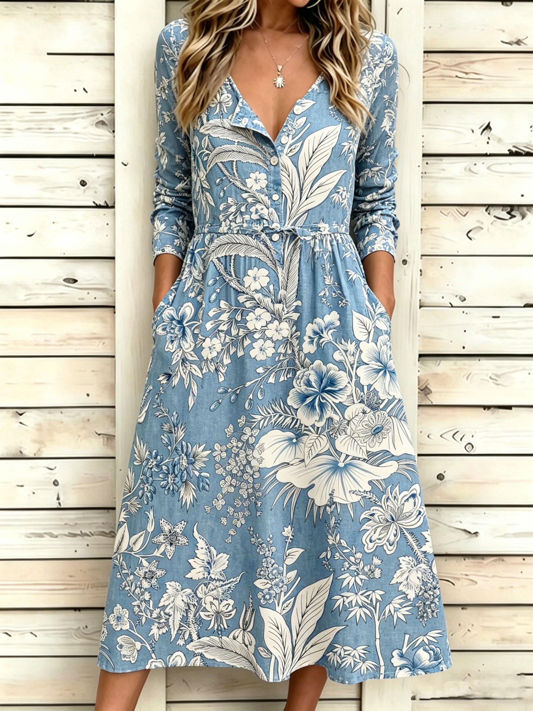 Botanical Print Half Sleeve Round Neck Button A-Line Vintage Casual Dress
