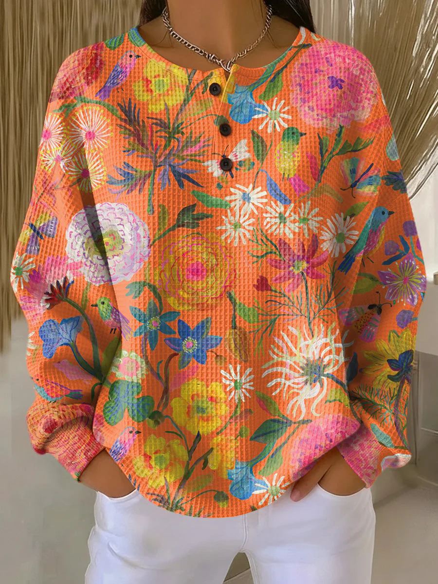 Women's Floral Print Button-Up Casual Waffle Knit Sweatshirt