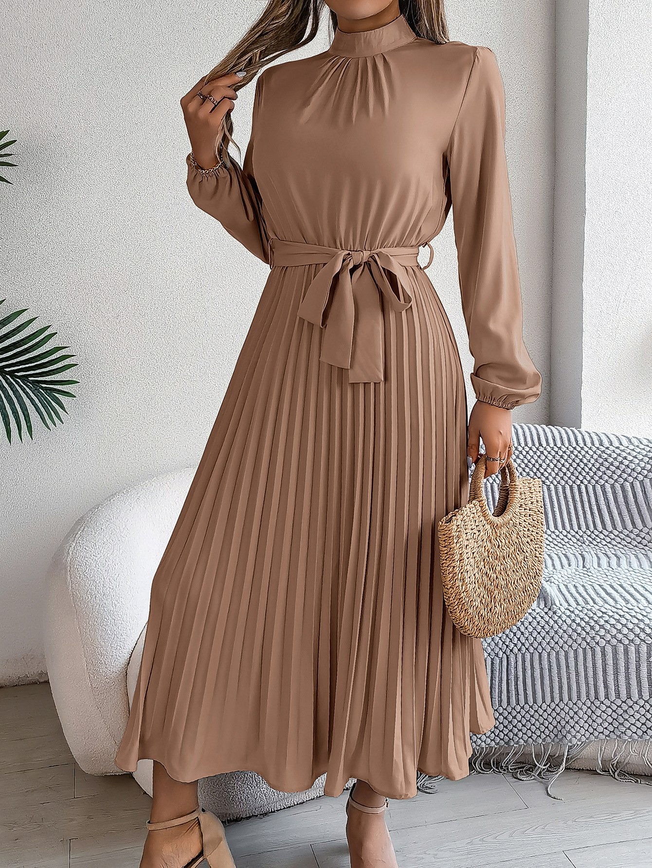 Women's Short Sleeve Summer Wine Red Plain Split Joint Stand Collar Daily Going Out Vintage Maxi A-Line Tank Dress