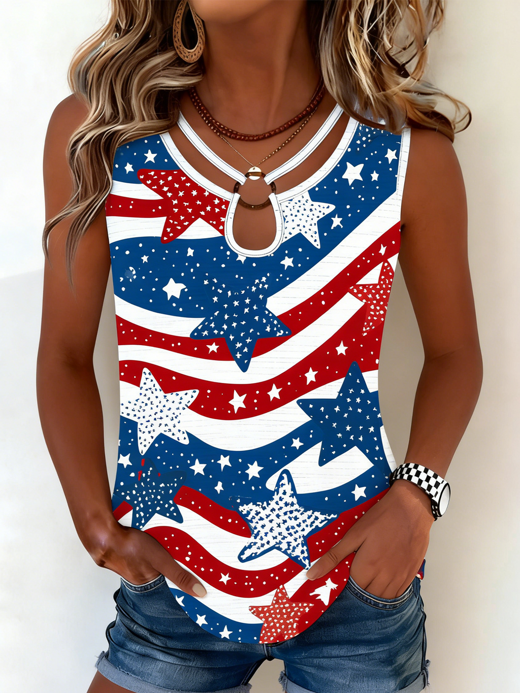 Vintage Cotton Loose Independence Day Tank Top