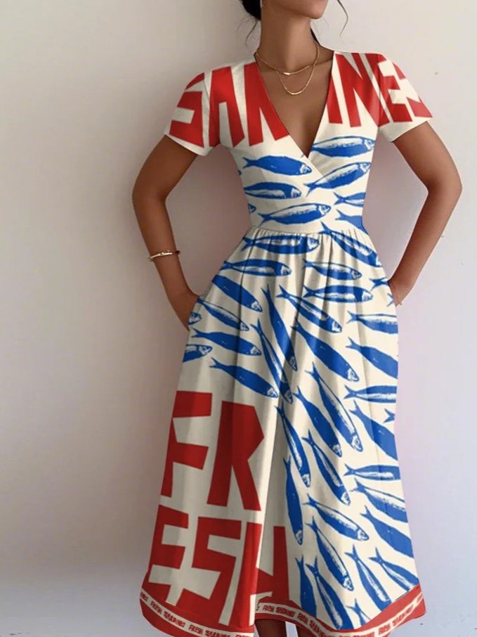 Regular Fit Marine Life Vacation V Neck Dress With No