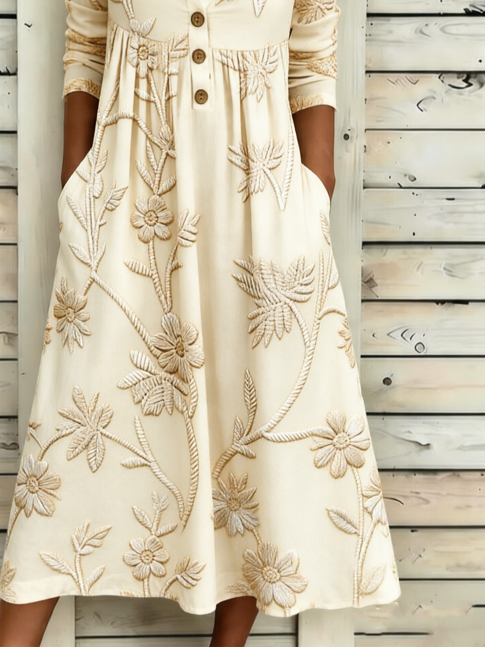 Loose Half Open Collar Floral Vintage Dress With No