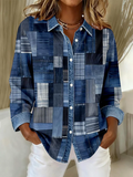Women's Long Sleeve Shirt Spring/Fall Blue Faux Denim Print Graphic Buckle Shirt Collar Regular Sleeve Daily Going Out Casual Top