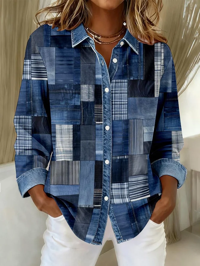 Women's Long Sleeve Shirt Spring/Fall Blue Faux Denim Print Graphic Buckle Shirt Collar Regular Sleeve Daily Going Out Casual Top