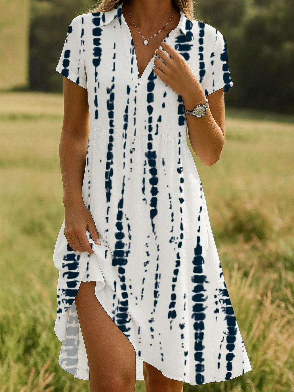 Women's Striped Print Lapel Short Sleeve Dress