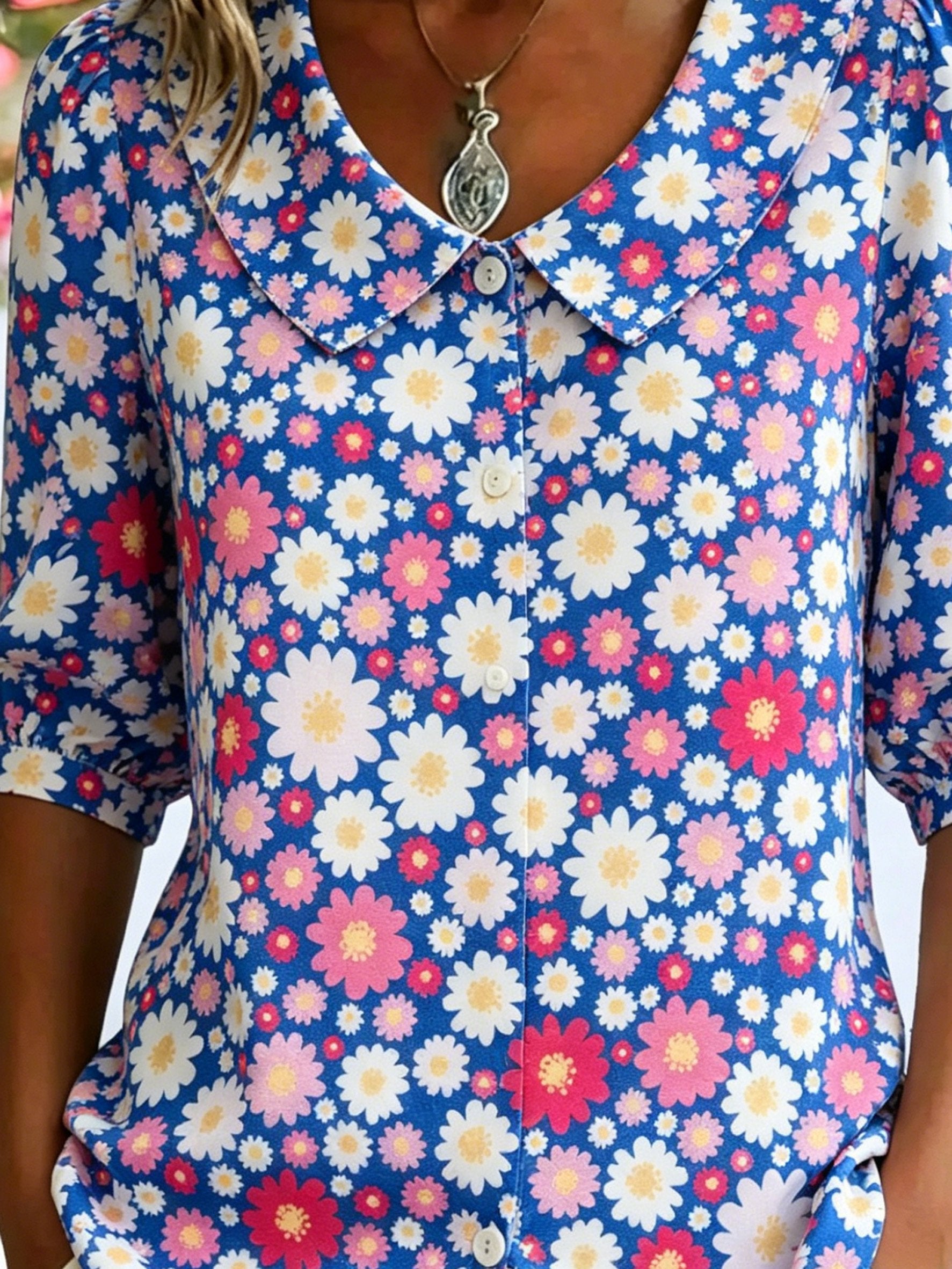 3D Printing Linen Blend Floral Shawl Collar Button Loose Casual Shirt