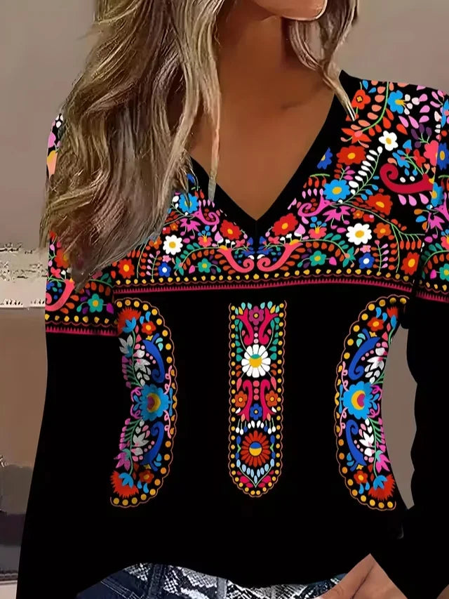 Women's Long Sleeve T-shirt Spring/Fall Black Ethnic Printing Jersey V Neck Daily Going Out Casual Top