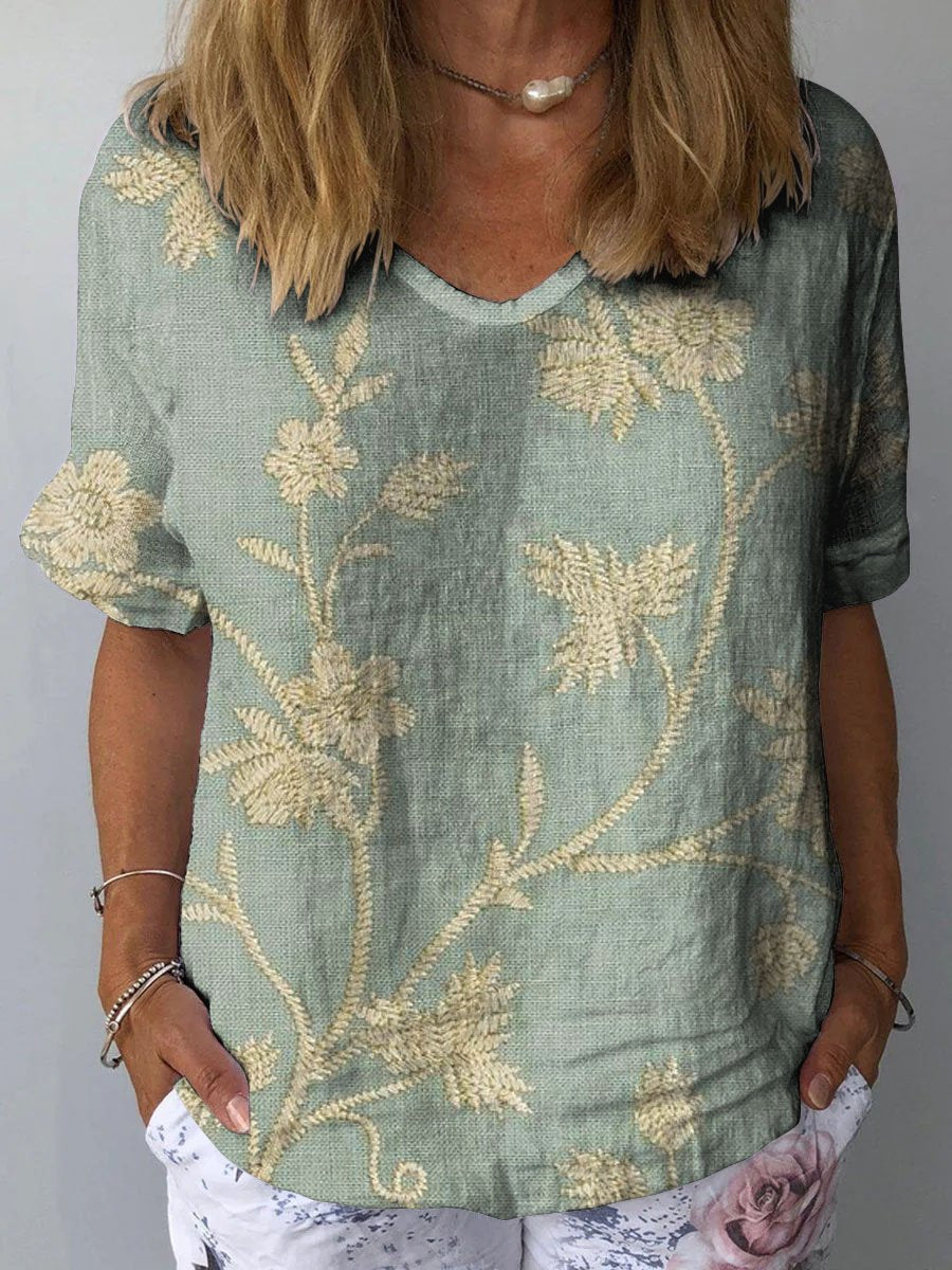 Floral Short Sleeve V Neck Line Look Casual Top