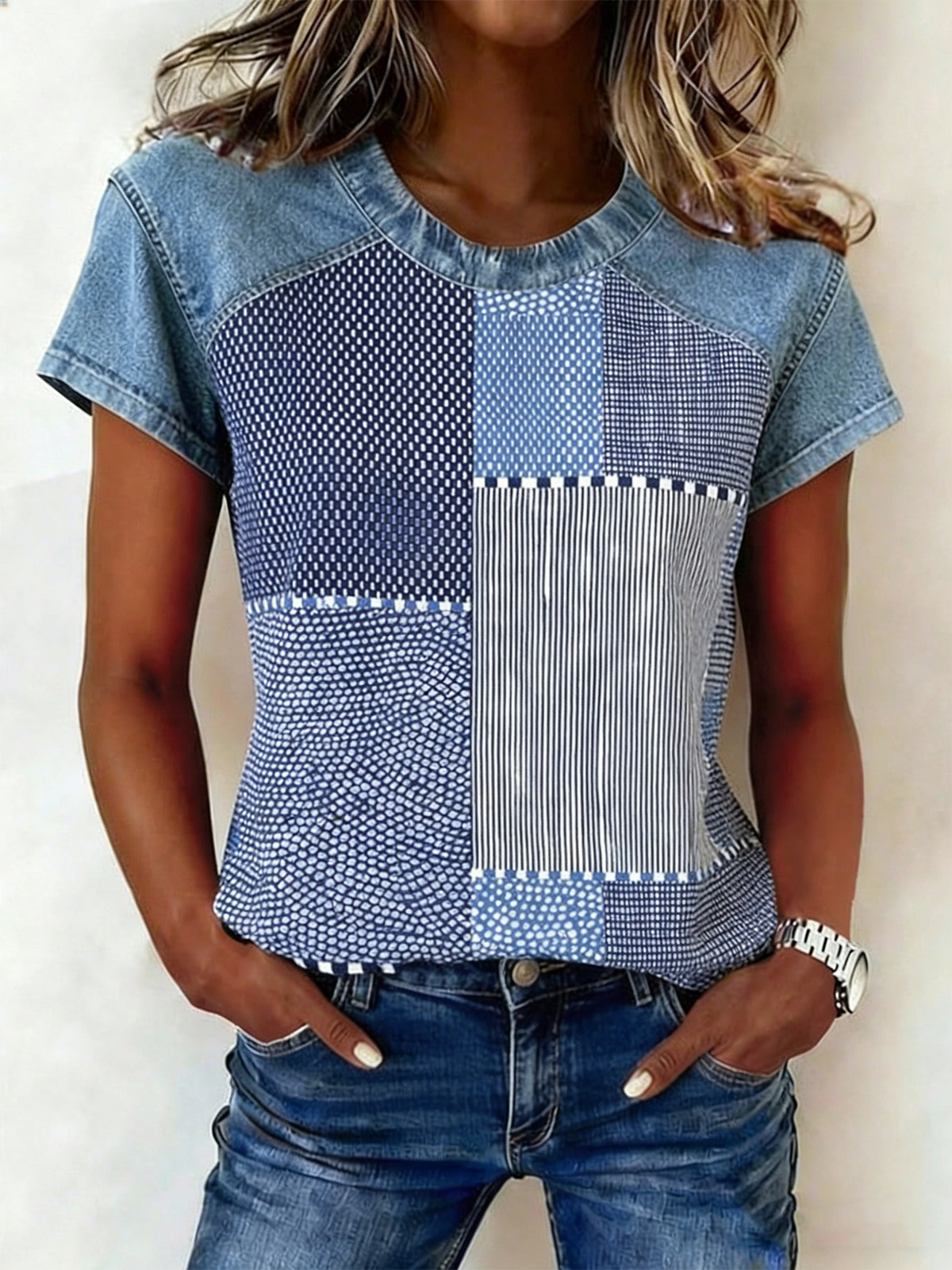 Casual Denim Geometric Crew Neck T-Shirt