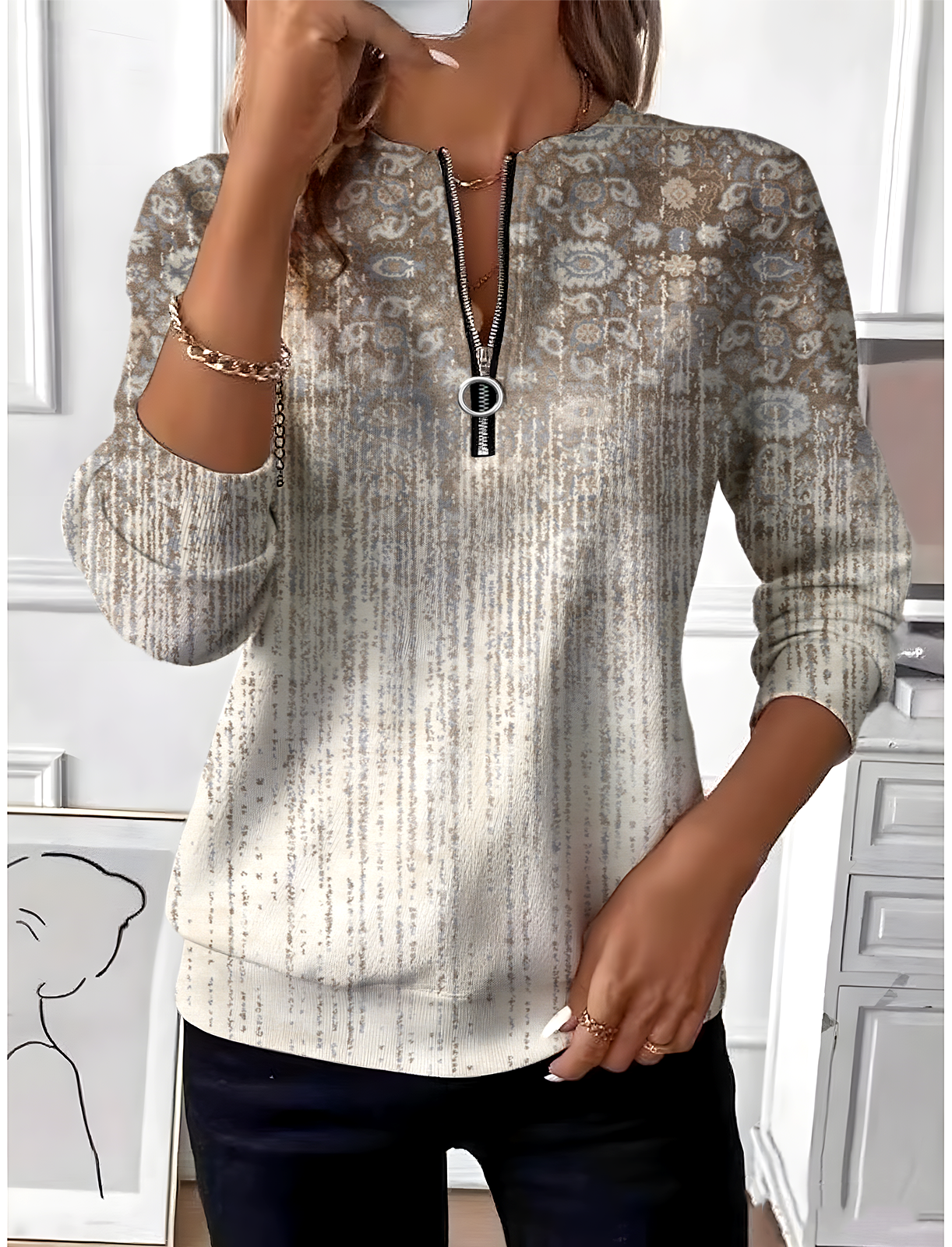 Women's Ethnic Gradient Pattern Long Sleeve Center Front Zipper Casual Sweatshirt Regular Top
